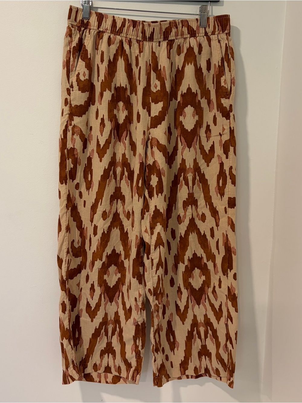 Nicole Miller ikat print Pants Medium Linen Blend Elastic Waist Wide Leg